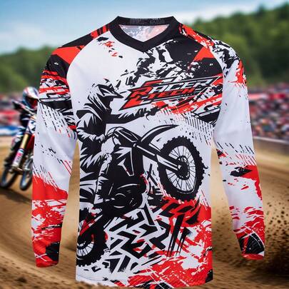 TELEYI Team RAC Motocross Racing Jersey, Polyester 100% Breathable Moisture-Wicking Long Sleeve V-Neck Top With Raglan Sleeves For Cycling, Hiking & Outdoor Activities - Laser Cut Print Design, Motorcycle Riding Gear