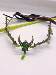 1pc Retro Elegant Tiara For Women Metal Crystal Forest Branch Hair Band Decor Handmade Forest Woodland Elf Hair Tiara Butterfly Deer Twig, Halloween - 綠色 - 查看 6