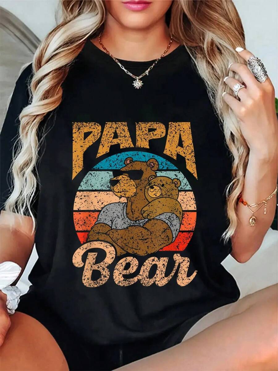 100% Cotton Papa Bear Pun Animal Lover Bears Bear Dad Father Daddy T-Shirt Women's Men's Summer Comfort Soft Crew Neck Tee Tops - 黑色 - 查看 1