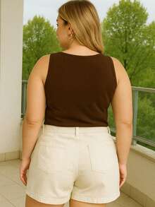 Women's Plus Size V-Neck Casual Ribbed Tank Top - 鏽棕色 - 查看 4