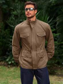 Mens Military Jacket Full Zip And Button  Field Jacket Multi Pocket Cargo Outdoor Coathalloween - 卡其色 - 查看 5