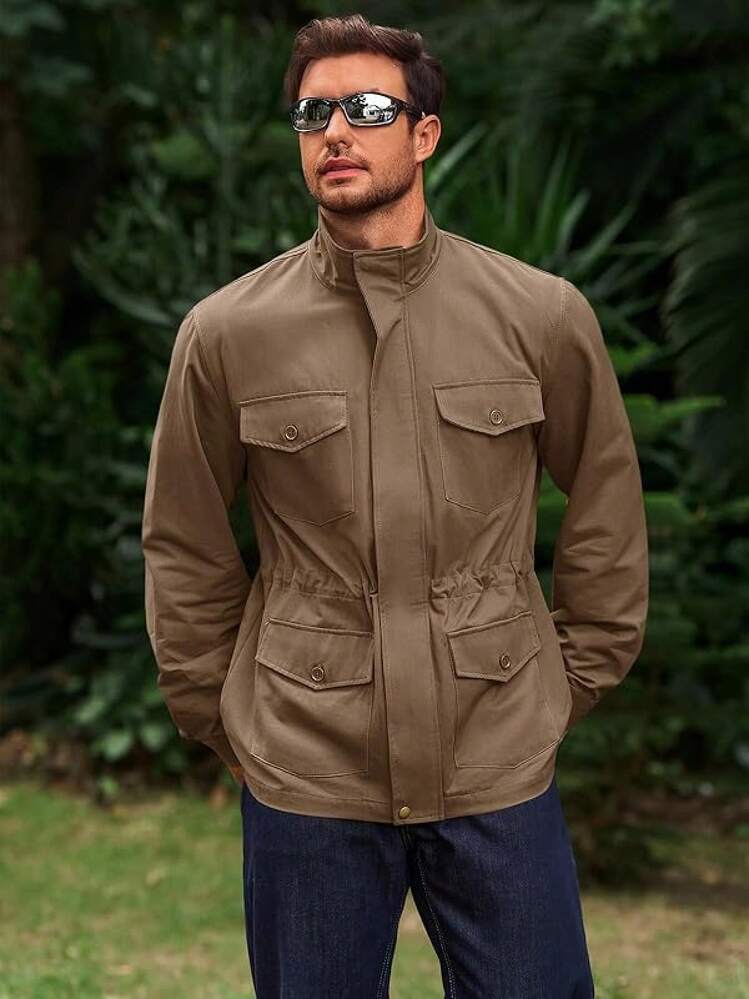 Mens Military Jacket Full Zip And Button  Field Jacket Multi Pocket Cargo Outdoor Coathalloween - Màu Khaki - Xem 5