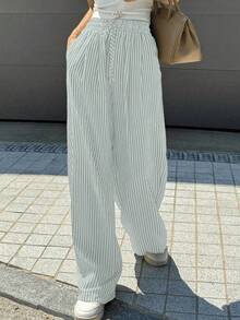 Wide Leg Striped Elastic Palazzo Pants With Pockets - Grey - View 5