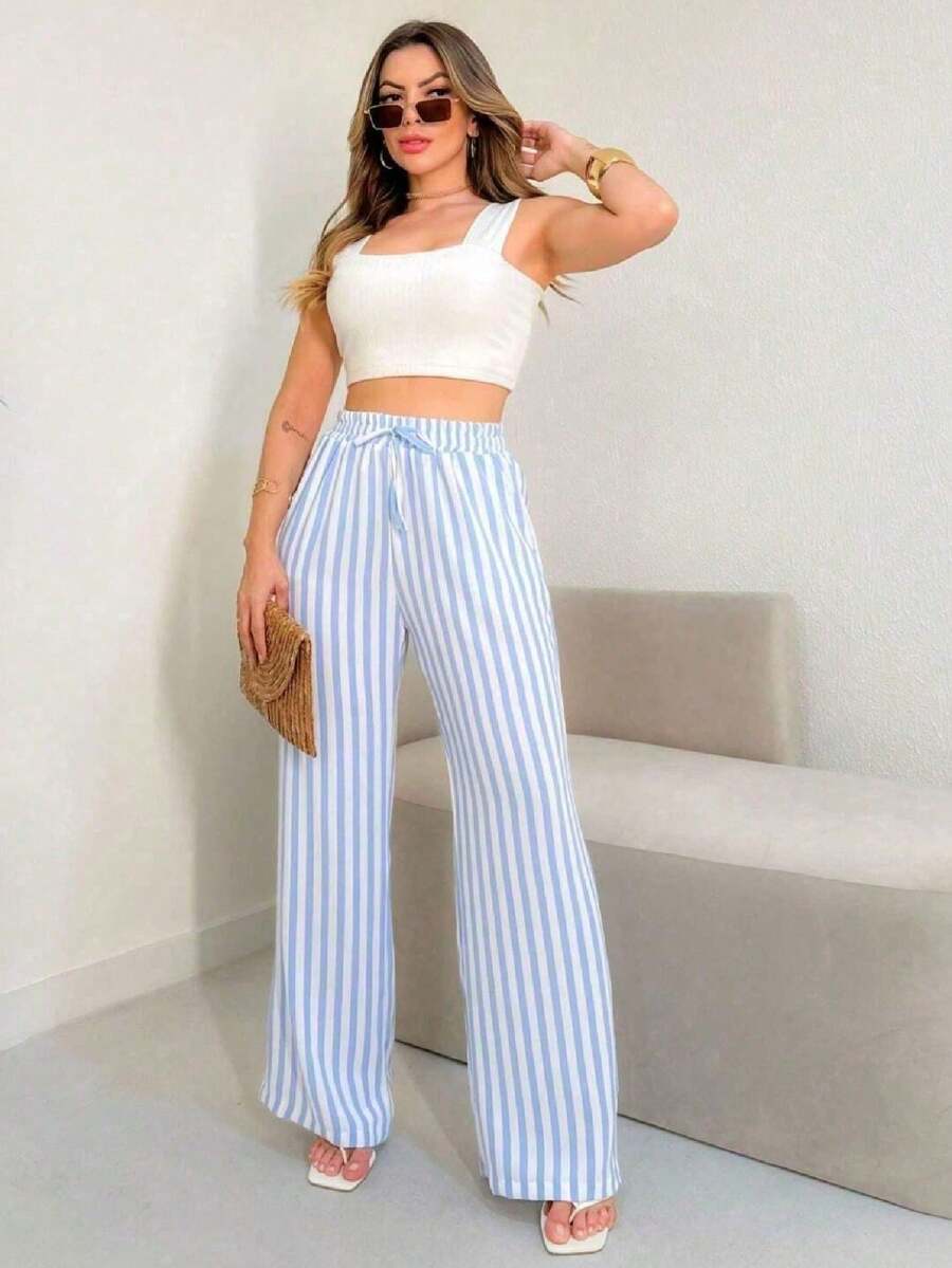 Wide Leg Striped Elastic Palazzo Pants With Pockets - 淺藍色 - 查看 1