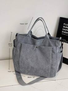 女士灯芯绒复古托特包，多口袋休闲单肩包，斜挎包，学生背包，办公手提包，大容量可折叠购物袋 - 灰色 - 查看 13
