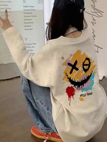 女款寬鬆版型卡通印花長袖T恤，春秋兩季百搭 - 淺花灰 - 查看 1