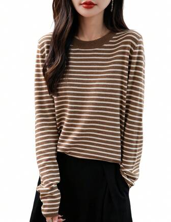 Women's Merino Wool Blend Sweater 2025 Fall Winter Casual Crew Neck Striped Long Sleeve Knit Pullover Sweater