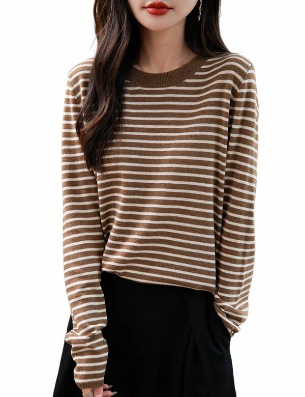 Women's Merino Wool Blend Sweater 2025 Fall Winter Casual Crew Neck Striped Long Sleeve Knit Pullover Sweater