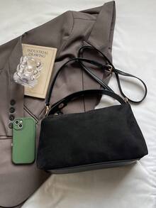 1 件女士新款新月手提包，时尚简约绒面革托特包，适合秋冬约会、送礼、通勤、购物 - 黑色 - 查看 5