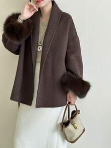 Women's Double-Sided Faux Fur & Wool Blend Coat - Shawl Collar, Tie Waist, Classic Casual, Suitable For Autumn/Winter - Brown - View 6