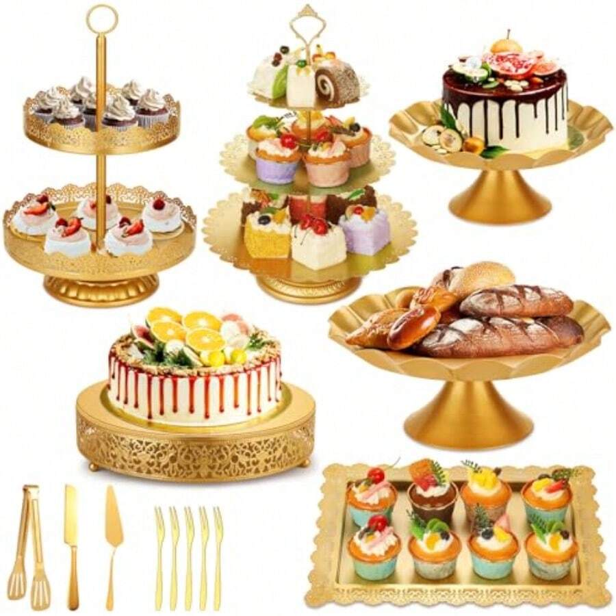 Audab Gold Dessert Table Display Set Including Cake Stand Cupcake Stand Serving Trays Platters Cake Cutting Set And Serving Tongs For Vintage Wedding Decor Party Food Decorations - 金色 - 查看 1