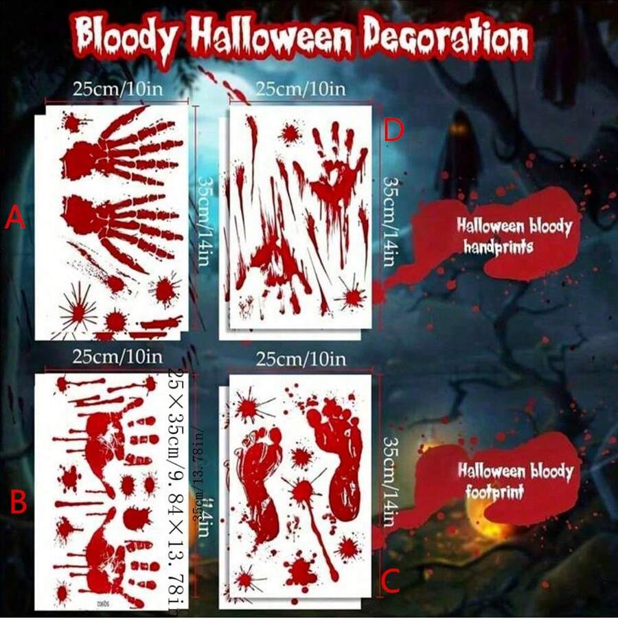 1pc/5pcs/10pcs Halloween Decorations Terror Bloody Handprint Footprint Window Stickers Halloween Party Wall Decal Stickers Floor Clings Props - Red - View 1