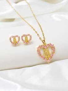 Set de 3 piezas: Collar con colgante del Corazón de la Virgen María + Pendientes de Corazón de la Virgen María brillantes y delicados, diseño hueco vintage, incrustado con circonita sintética, adecuado para bodas de mujeres, joyería católica, regalo del Día de San Valentín, Día de la Madre (los pasadores de los pendientes son fáciles de doblar pero se pueden restaurar por sí mismos) - Diamante rosa dorado - Ver 5