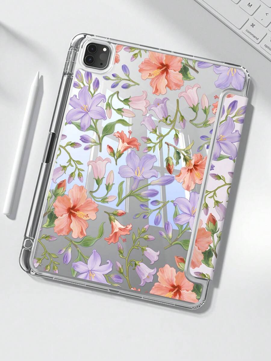 这款精美可爱的卡通紫色花卉双面亚克力水晶透明后盖，防震耐用，适用于iPad第7、8和10代（10.2英寸）。它内置笔槽，支持睡眠/唤醒功能，并具有多种折叠支架模式。是万圣节和新年礼物的理想之选。 - 彩色 - 查看 1