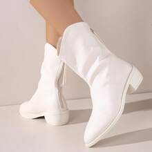 Vintage Elegant Sweet & Cool Black And White Pointed Toe Mid-Calf Boots For Women, High-Quality Soft Leather, Minimalist Design, Versatile For Daily Wear, Dates, Commuting, Parties, Suitable For Autumn/Winter Outfits Like Coats And Dresses, Perfect For Valentine's Day, Christmas, Halloween, Graduation Season