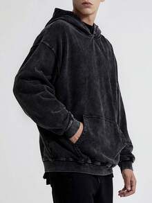 Washed Hoodie, Stylish And Retro Men's Hooded Sweatshirt, 400g Heavyweight Loose Design, Unisex Style, Suitable For Both Men And Women, Ideal For Casual Occasions, A Gift For Boyfriend, Street , An Ideal Gift Among Friends, Men's Clothing, Men's Hoodie That Is Breathable And Comfortable. - 黑色 - 查看 2