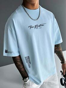 1PCSMen's Summer Casual Slogan Print Short Sleeve T-Shirt-Premium Cotton Graphic Printed Round Neck T-Shirts-365T - 淺藍色 - 查看 1