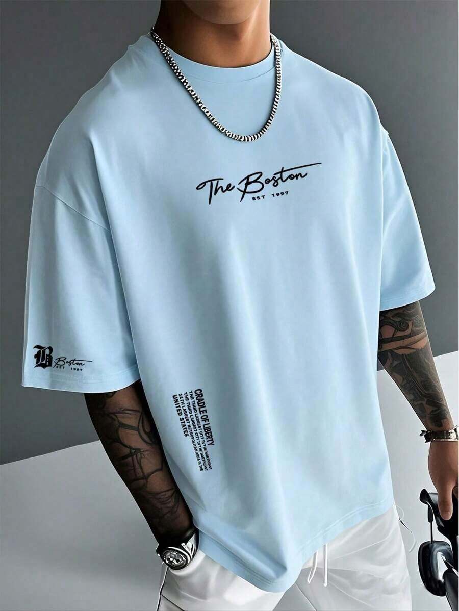 1PCSMen's Summer Casual Slogan Print Short Sleeve T-Shirt-Premium Cotton Graphic Printed Round Neck T-Shirts-365T - 淺藍色 - 查看 1