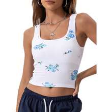 Women Rib Tank Top Padded Workout Top Square Neck Crop Tank Fitted Basic Cami Tops - Floral Forget-me-not Blue - View 1