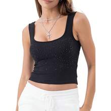 Women Rib Tank Top Padded Workout Top Square Neck Crop Tank Fitted Basic Cami Tops - Diamond Black - View 1