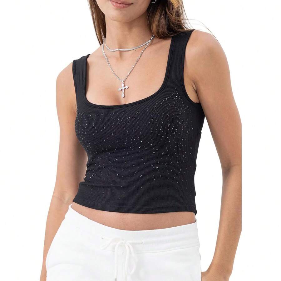 Women Rib Tank Top Padded Workout Top Square Neck Crop Tank Fitted Basic Cami Tops - Diamond Black - View 1