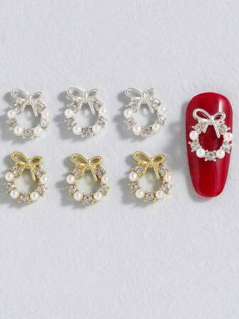 10个3D圣诞金银蝴蝶结花环美甲装饰日韩风合金花环美甲饰品金属美甲配件Y2K闪亮白色水钻仿珍珠美甲宝石DIY适用于圣诞节亚克力美甲贴片手机壳鞋子衣服包包美甲用品