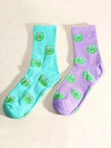 زوجان من الجوارب متوسطة الطول ذات تصميم كرتوني بنمط الضفدع، تصميم جميل وعصري، مناسب للرجال والنساء