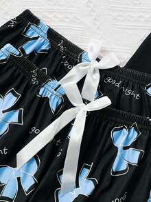 3 件字母蝴蝶结印花睡衣套装，圆领短袖 T 恤 + 松紧腰短裤 + 休闲裤，舒适睡衣，女士睡衣和家居服 - 藍色 - 查看 5