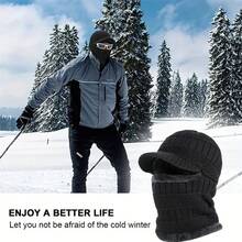 1pc Men's Winter Knit Hat, Thermal Lined Thick Beanie, Scarf Attached Earflap Hat, Unisex Balaclava, Suitable For Outdoor Cycling And Daily Wear & Outfit Matching