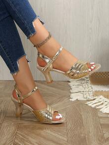 2025 Neue Pailletten-Oberteil glänzende & bequeme Damenhochabsatzschuhe. Offene Zehenform. Modische Strandparty Damenhochabsätze. Silberne Hochabsätze. Goldene Hochabsätze. - Gold - Übersicht 5