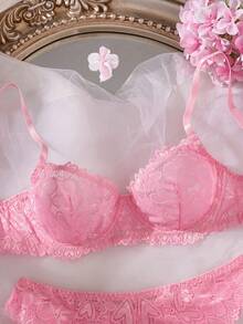 Lace Trim Sexy Lingerie Set For Women - Pink - View 5