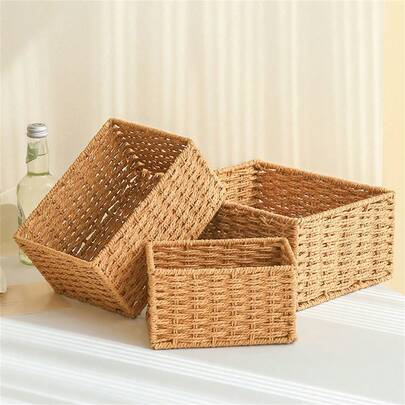 Handmade Desktop Organizer Basket, Rattan Storage Basket For Cosmetics, Keys, Snacks, Living Room, Bedroom, Study And Office, Available In Set