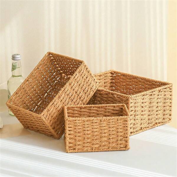 Handmade Desktop Organizer Basket, Rattan Storage Basket For Cosmetics, Keys, Snacks, Living Room, Bedroom, Study And Office, Available In Set