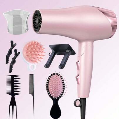 Large Foldable Pink Hair Dryer, 9-Piece Set, Complete With Cushion Comb And Concentrator Nozzle Accessories. Foldable For Dormitory Use, Suitable For Home Or As A Gift.