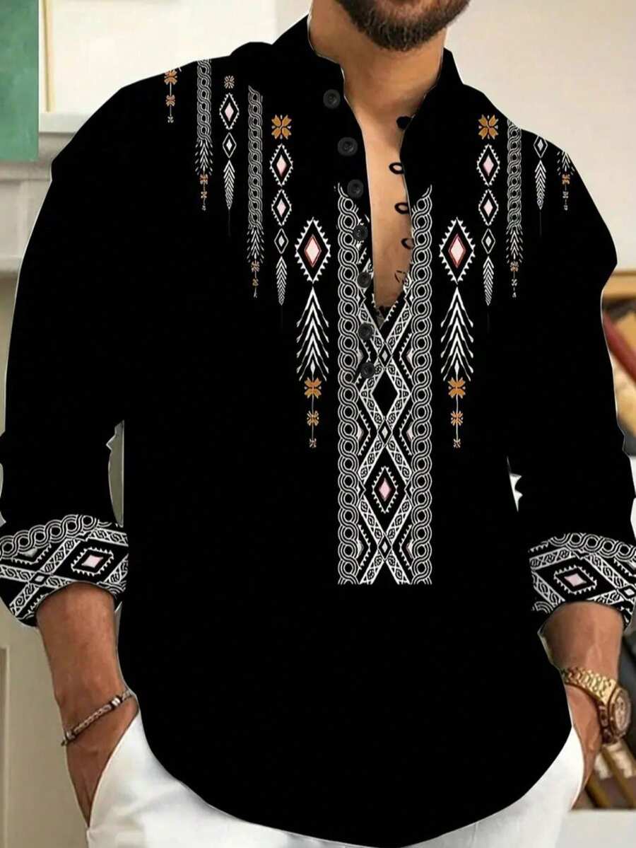 Men's Gentleman Dignified Simple Long Sleeve Shirt, Business Casual, Fall - Black - View 1