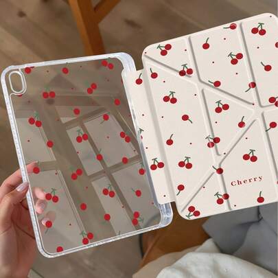 Kingsung Minimalist Cherry Pattern Frosted Acrylic Tablet Protective Shockproof Case Compatible With Samsung Pad Mini 6/7/9.7/10.2/10.5/10.9/12.9/Pro 11 (10th Gen) Y-Shaped Foldable Double-Sided Transparent Crystal Supports Multi-Angle Adjustment 6 Placement Modes Built-In Pen Slot Transparent Back Cover Anti-Drop Protection Auto Wake/Sleep Function Spring Gift