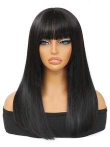 16ihch 女士长款黑色假发，带刘海，黑色长直发，黑色假发，合成假发，易于佩戴 - 彩色 - 查看 6