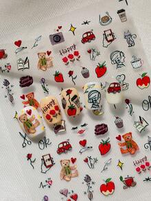 A High-End Romantic Nail Sticker With Relief Laser Technology, Graffiti Hand Drawn Style, Featuring Romantic Roses, Cute Bears, Heart Data And Other Hand Drawn Patterns, Suitable For Personal DIY And Nail Phone Decoration