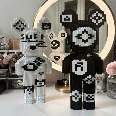 1 Pair Of Black And White Bear Combination, Bear Series Building Block Toy, Love Bear Building Block Model, Creative DIY Puzzle Toy, Ideal For Bedroom Decoration And Gifts, No Power Required, Table Decorations, Toys For Lovers