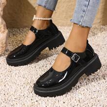 女士扣饰厚底休闲平底鞋，黑色漆皮圆头乐福鞋，优雅的日常穿着 - 黑色亮光 - 查看 9