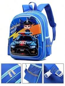 1个背包，适合男孩小学、初中和高中学生，可爱汽车图案，轻便硬壳背包，减少负重，保护背部，返校季背包手提包 - 藍色 - 查看 2