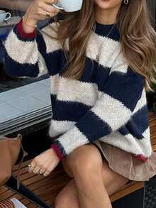 Just Masa Woman's Autumn And Winter New Color Blocked Round Neck Knitted Pullover Graduation Sweater Loose Long Sleeve Going Out Tops