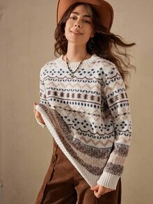 Wildy 女式宽松几何图案圆领落肩长袖休闲毛衣，秋冬装，长袖上衣 - 彩色 - 查看 2