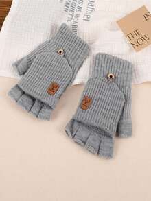 1 Pair Of Winter Warm Knitted And Plush Thick Half Flip Gloves, Touch Screen Riding Student Writing Plush Gloves - Multicolor - View 12