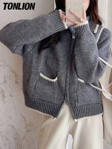 Tonlion 女式休闲复古风格撞色饰边领拉链开衫，秋冬