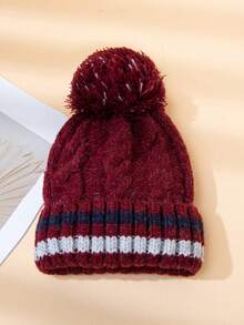 1 pièce Bonnet tricoté à pompons rayés bicolores, chapeau tricoté chaud, doublé thermique, polyvalent et pour l'hiver, pour un usage quotidien, les déplacements et les courses - bande - Voir 6