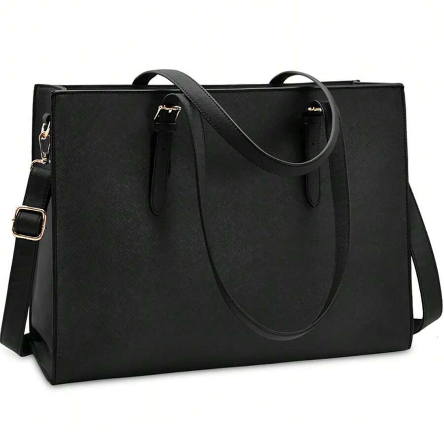 Women's Laptop Bag, Waterproof Lightweight Leather 15.6 Inch Computer Carrying Case Business Office Briefcase Large Capacity Handbag Shoulder Bag Professional Office Work Bag, Black - 黑色 - 查看 1