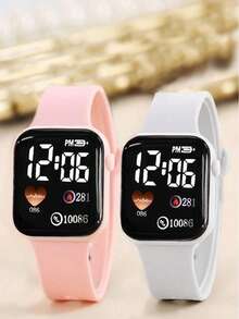 2 Pieces Set. Teen Fashion, Simple And Cute, Romantic And Classic LED Digital Display Square Electronic Watch. Suitable For Students' Daily Life Such As Returning To School, Parties And Traveling. Very Suitable As A Gift For Friends Or Birthday Gifts. - Multicolor - View 12