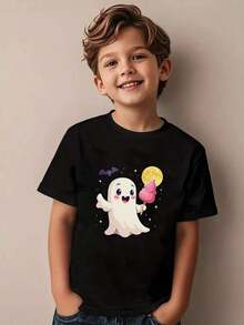 Cartoon Ghost Halloween Cotton Graphic T-Shirt, Black Casual Halloween Shirts With Bat, Moon, Ice Cream, And Stars, Girls/Boys Fall Clothes, Round Neck Short Sleeve T-Shirt, Cute And Funny Holiday Style Gifts For Halloween,Kids Clothes Boys&Girls - Black - View 1