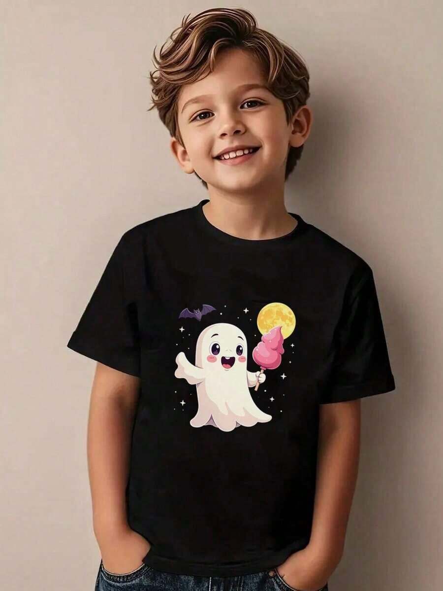 Cartoon Ghost Halloween Cotton Graphic T-Shirt, Black Casual Halloween Shirts With Bat, Moon, Ice Cream, And Stars, Girls/Boys Fall Clothes, Round Neck Short Sleeve T-Shirt, Cute And Funny Holiday Style Gifts For Halloween,Kids Clothes Boys&Girls - Black - View 1